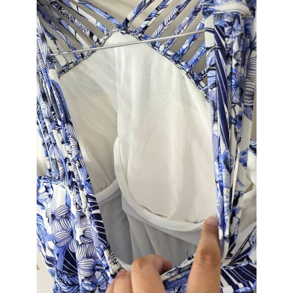 Swim Solutions Blue Floral Stretch Tummy Control One Piece Swimsuit Size 12 NEW - Picture 7 of 8